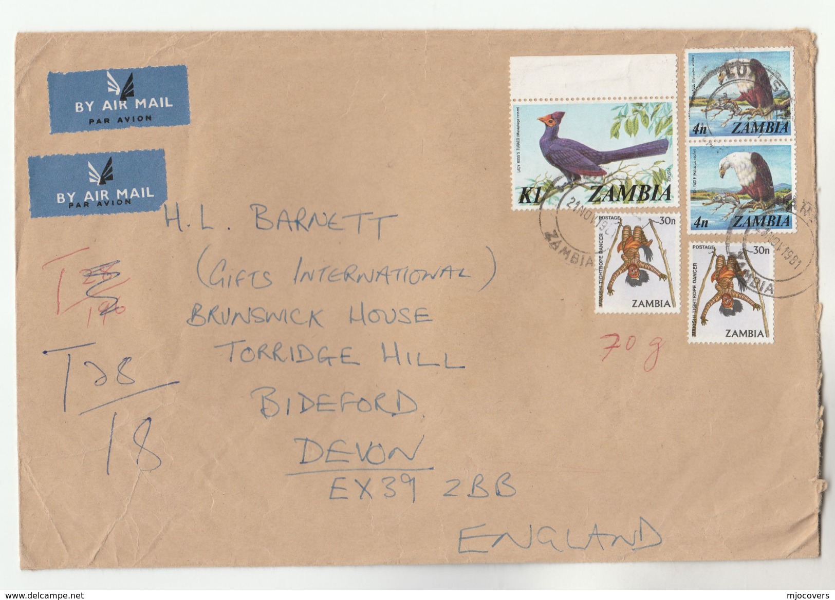 1981 ZAMBIA COVER Stamps 1k TURACO 2x 4n EAGLE 2x 30n With T28/17 Tax UNDERPAID To GB, Airmail Label Birds Bird - Zambia (1965-...)