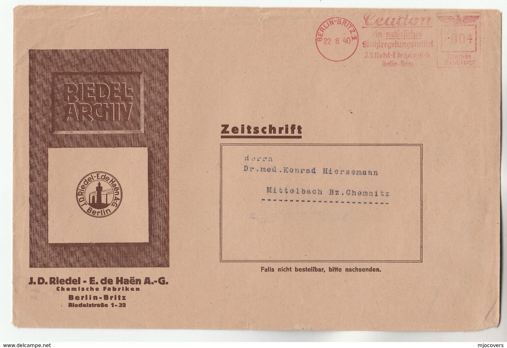 1940 GERMANY Stamps ADVERT COVER METER SLOGAN Riedel CHEMICAL FACTORY Berlin Britz - Covers & Documents