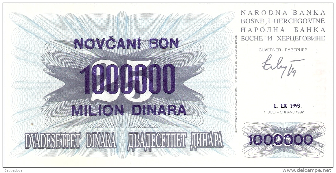 BOSNIE - HERZEGOVINE   1,000,000 Dinara   1/9/1993 (old Date - 1/7/1992)   P. 35a   UNC - Bosnia Erzegovina