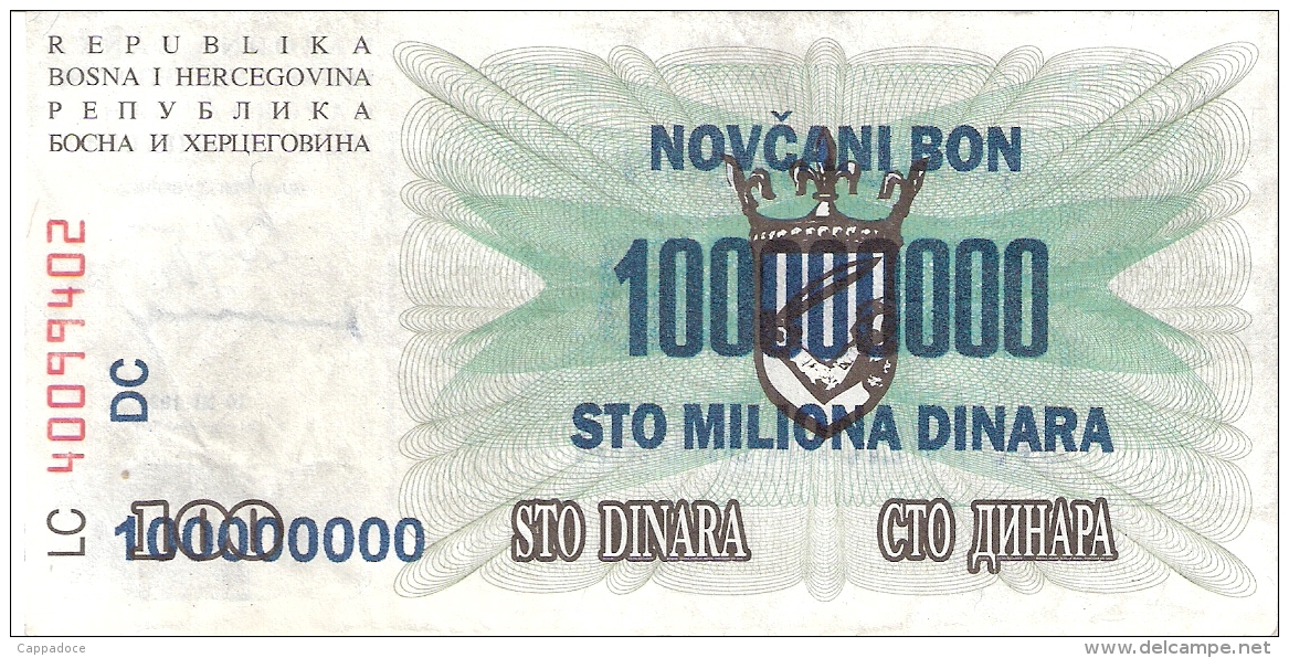 BOSNIE - HERZEGOVINE   100,000,000 Dinara   10/11/1993 (old Date - 1/7/1992)   P. 37a - Bosnia Erzegovina