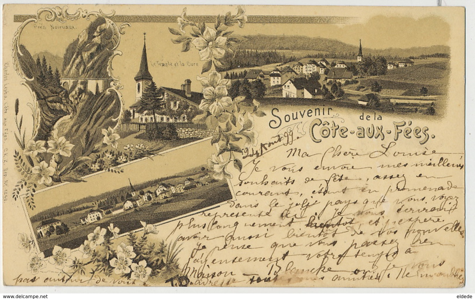 Souvenir De La Cote Aux Fées Litho Charles Leuba Kunzli 1240  Temple Cure Village 1899 Vers Maison Blanche L'isle Doubs - La Côte-aux-Fées