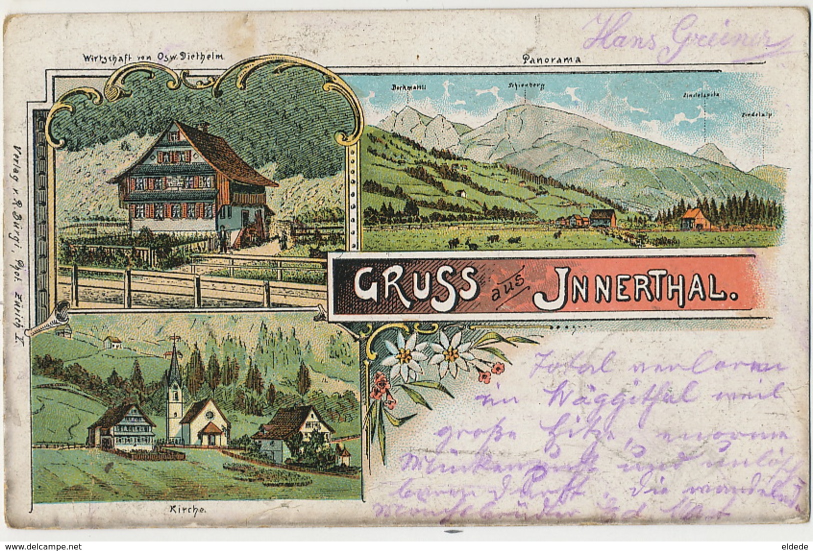 Gruss Aus Innerthal Litho  Burgi Zurich Kirche Wirtschaft Von Osw. Diethelm  Used 1904 Timbre Decollé - Innerthal