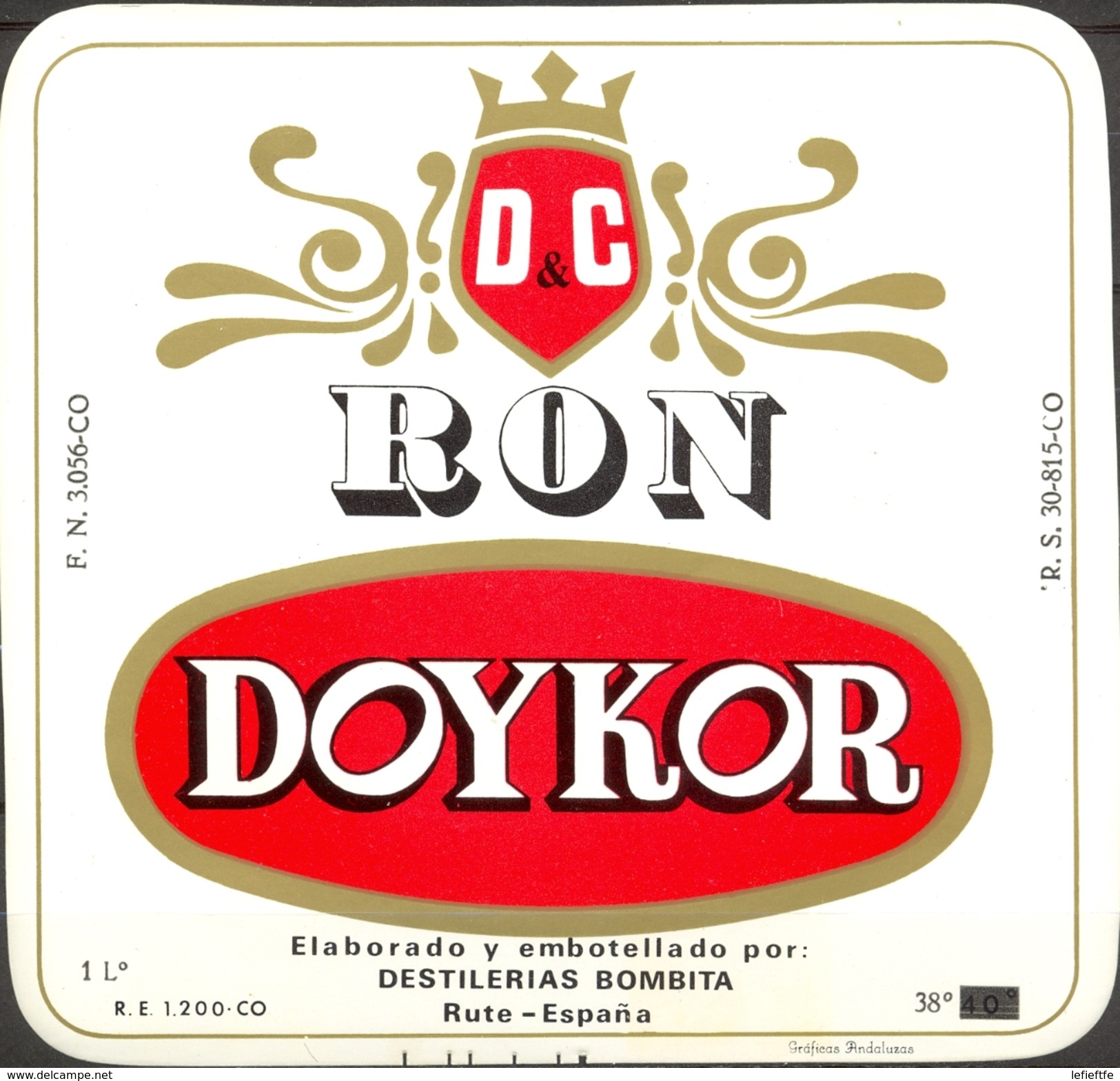 874 - Espagne - Etiquette RON DOYKOR - D & C - Elaborado Y Embotellado Por : Destilerias Bombita Rute - España - Rhum