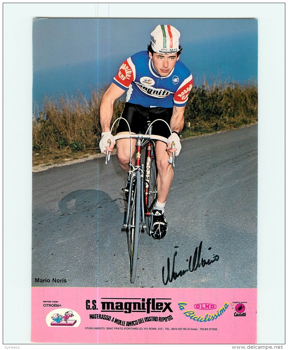 Mario NORIS , Autographe Manuscrit, Dédicace. Cyclisme. 2 Scans. Magniflex Format 16.8 X 24 Cm - Cyclisme