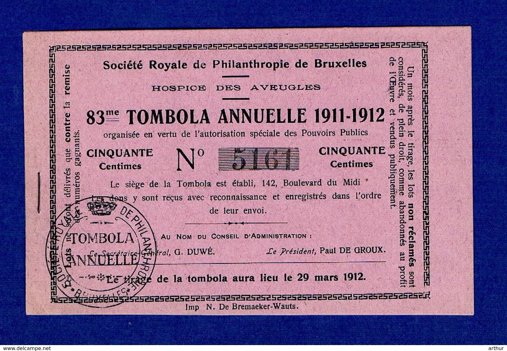 1912   Boekje Met 5 Biljetten BRUXELLES BRUSSEL  LOTERIJ  LOTERIE   LOTTERIE  LOTTERY - Billets De Loterie