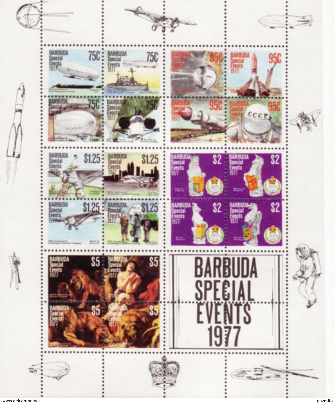 Barbuda 1977, Events, Zeppelin, Space, Plane, Art, 20val In Sheetlet - América Del Norte