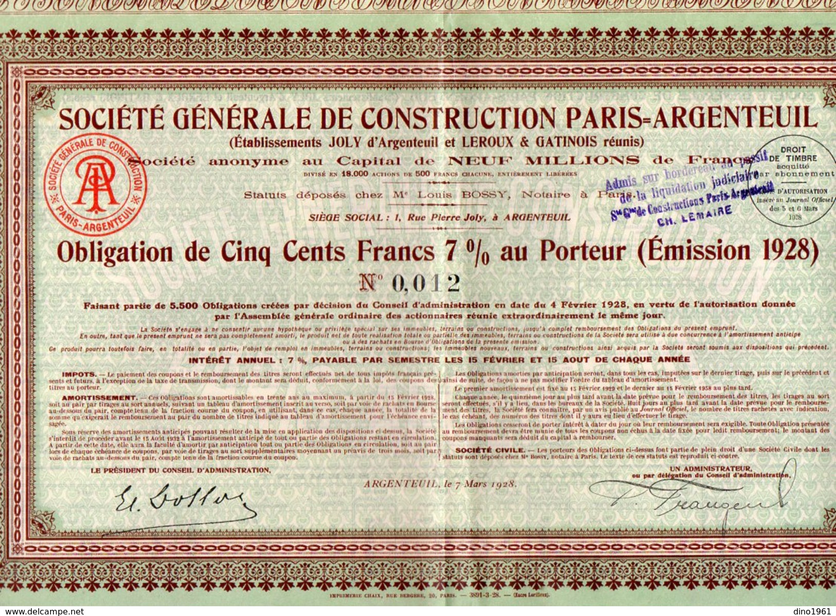 VP9724 - ARGENTEUIL 1928 - Action - Société Générale De Construction PARIS - ARGENTEUIL - Industry