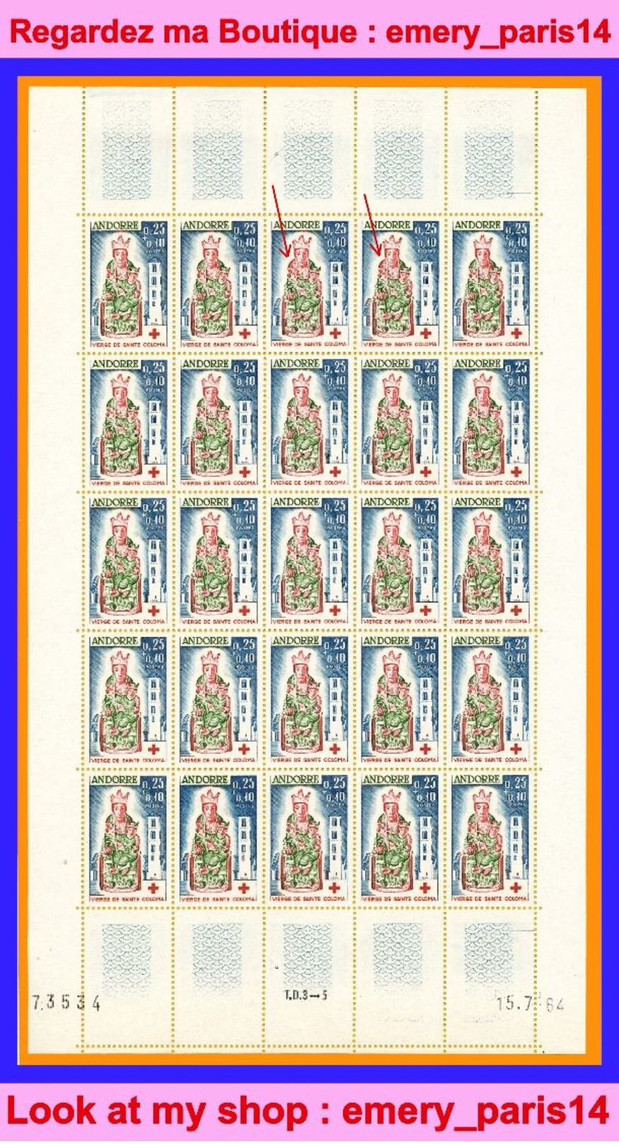 ANDORRA Andorre Français **LUXE 1964 FEUILLE Entière De 25 Timbres P 172 Compris 2 X 172A épaule Rouge,             La P - Nuevos