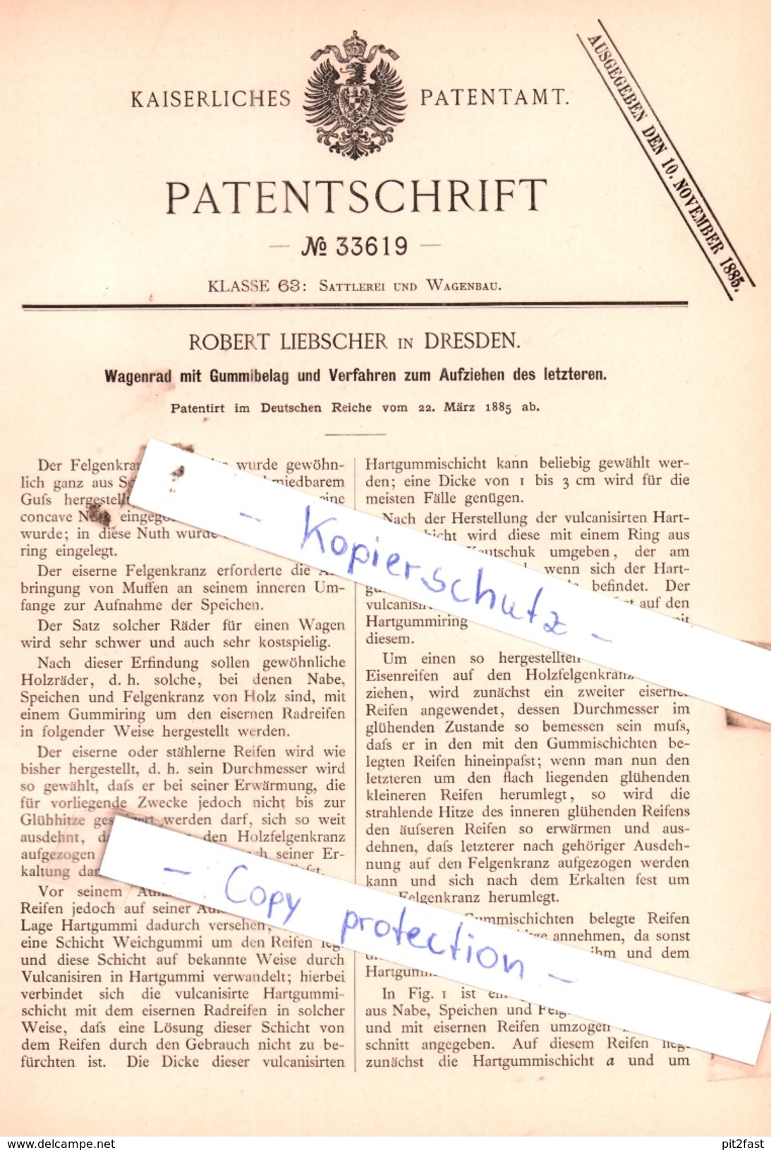 Original Patent -  Robert Liebscher In Dresden , 1885 , Sattlerei Und Wagenbau !!! - Historische Dokumente