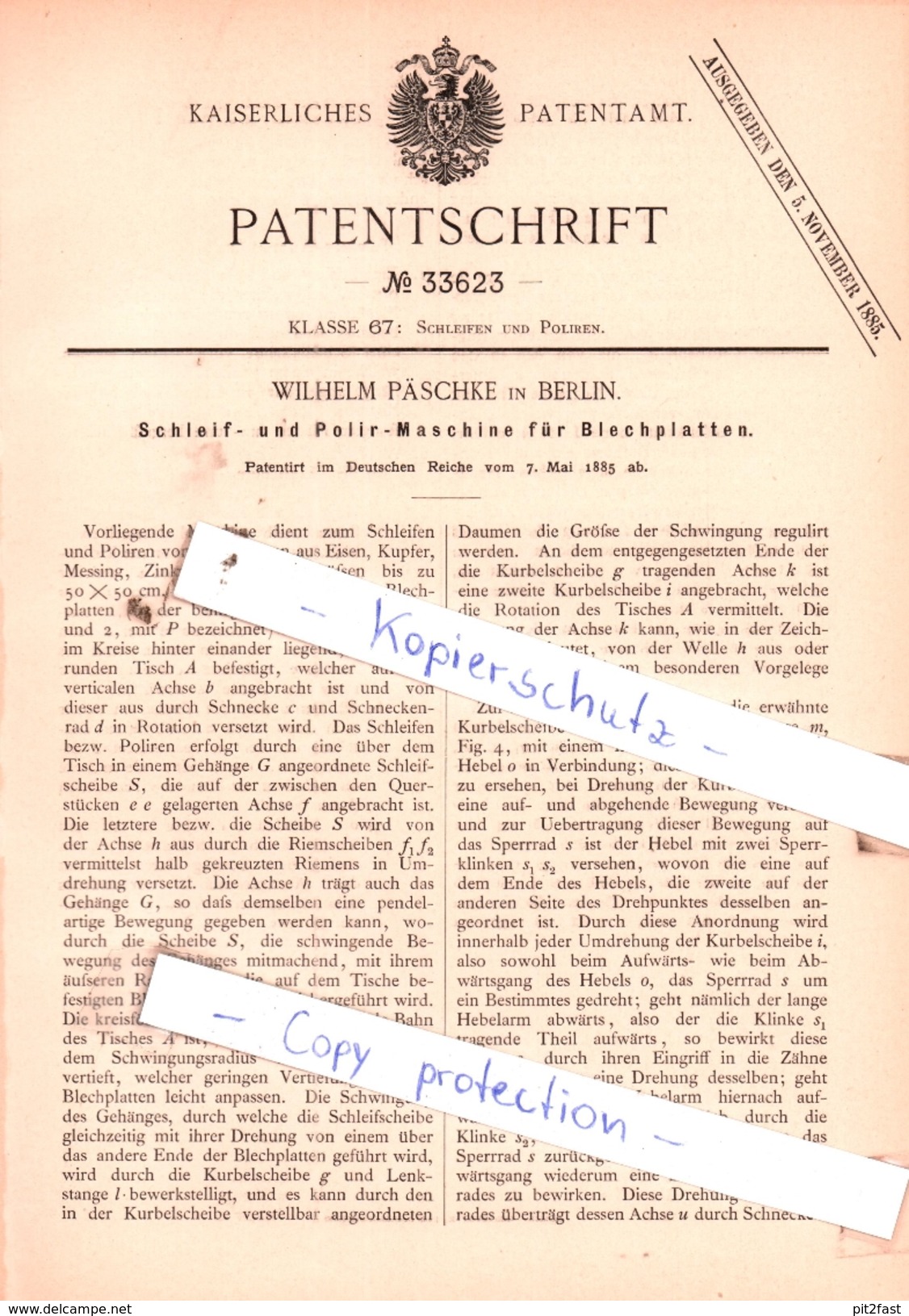 Original Patent - Wilhelm Päschke In Berlin , 1885 , Schleif- Und Polir - Maschine Für Blechplatten !!! - Historische Dokumente