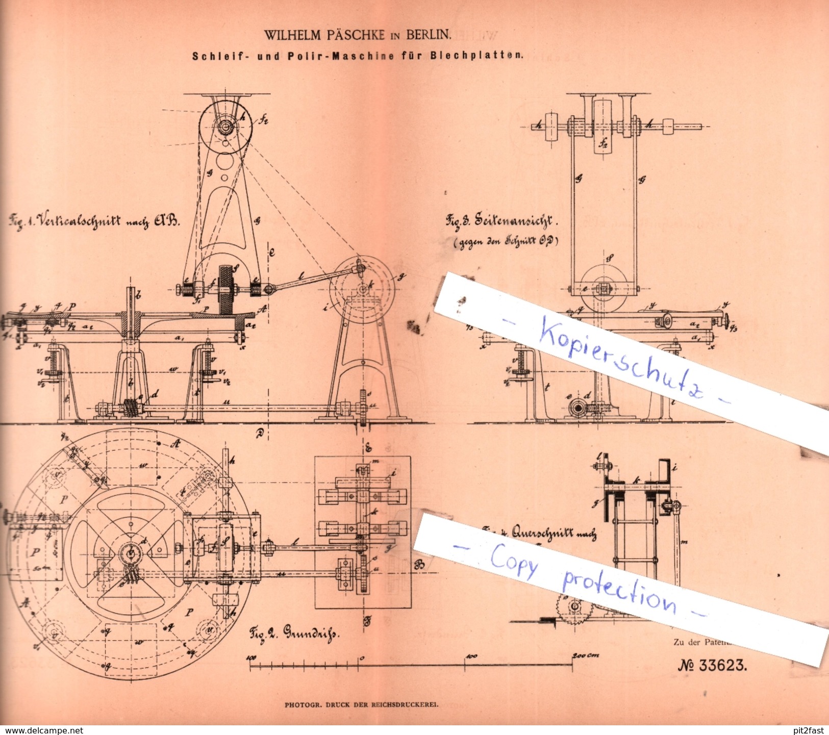 Original Patent - Wilhelm Päschke In Berlin , 1885 , Schleif- Und Polir - Maschine Für Blechplatten !!! - Historische Dokumente