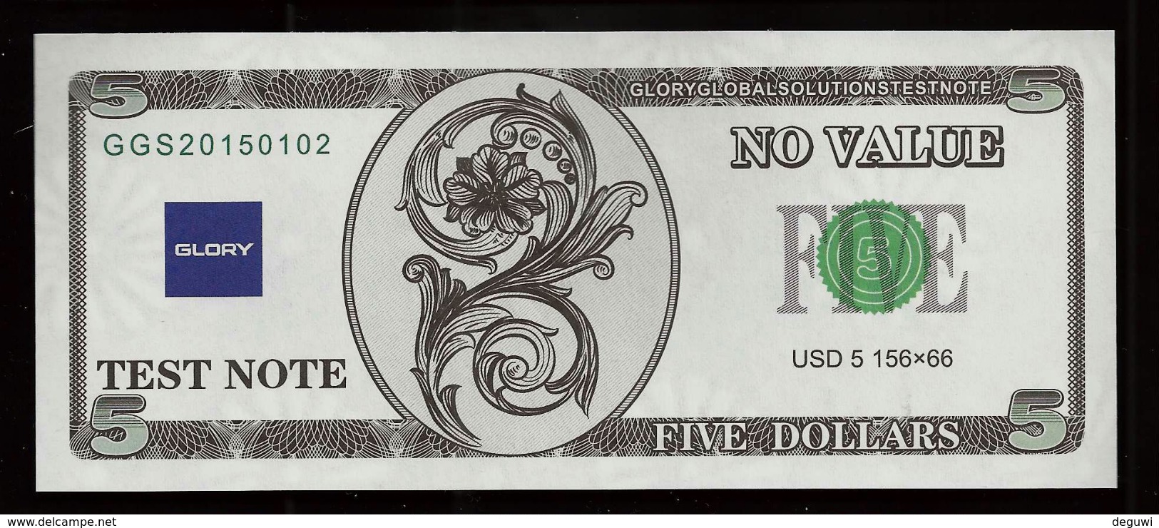 ATM Test Note "GLORY" 5 Dollars, Testnote, RRR, UNC, With Watermark - Autres & Non Classés