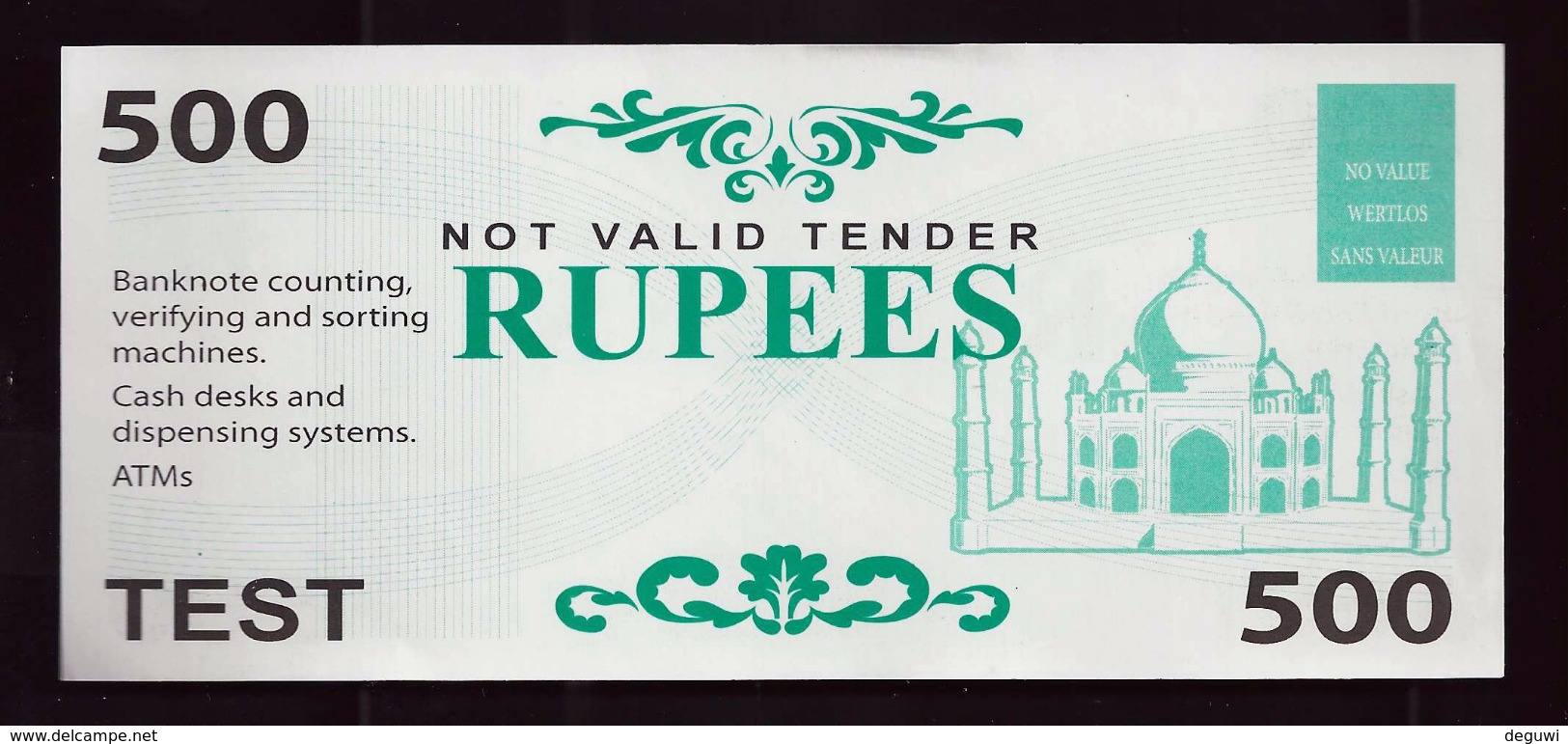 ATM Test Note "GLUCK INT" 500 Rupees, Testnote, RRR, UNC - - Indien