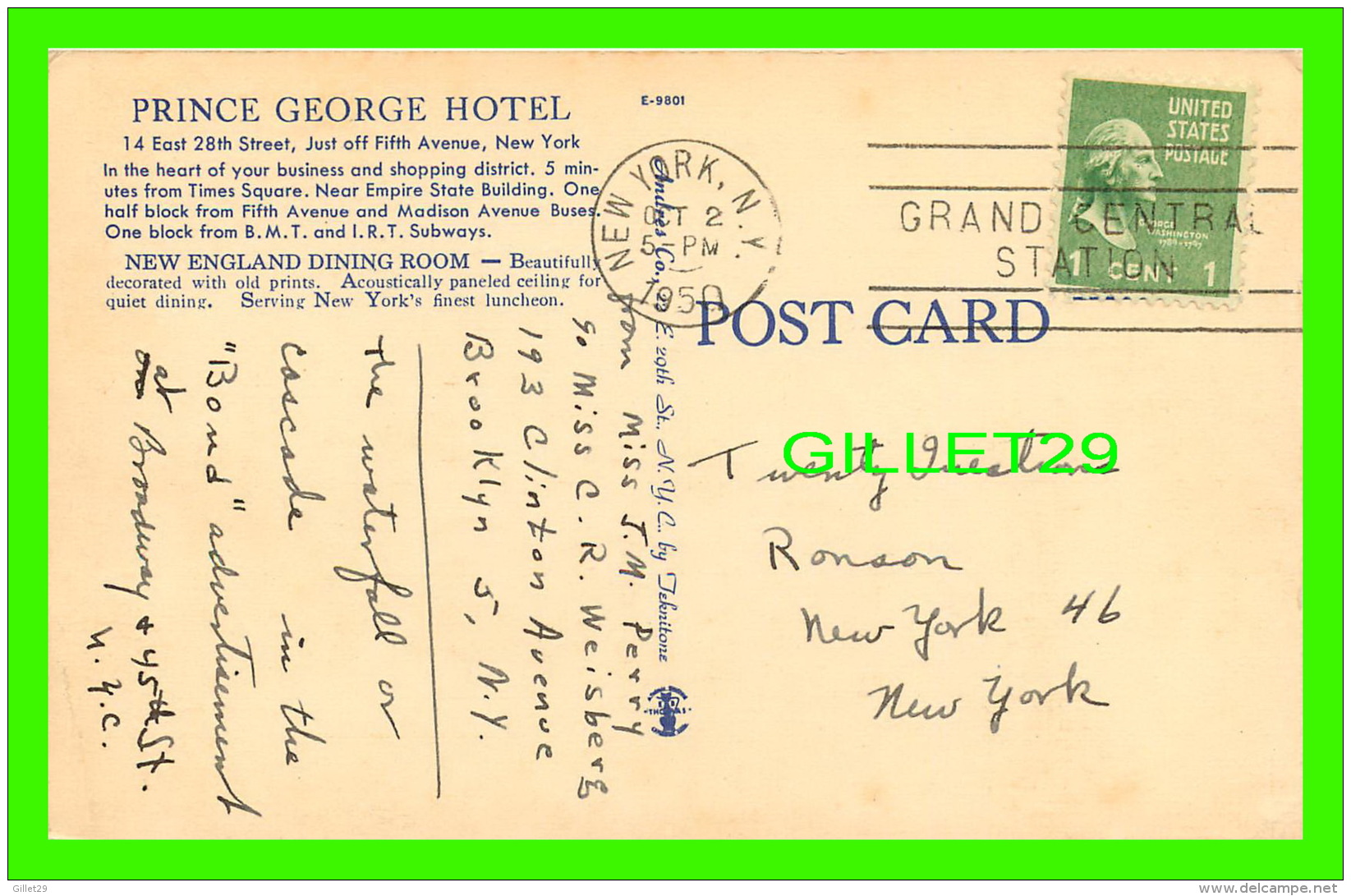 NEW YORK CITY, NY - PRINCE GEORGE HOTEL - NEW ENGLAND DINING ROOM - TRAVEL IN 1950 - ANDRÈS CO - - Bars, Hotels & Restaurants