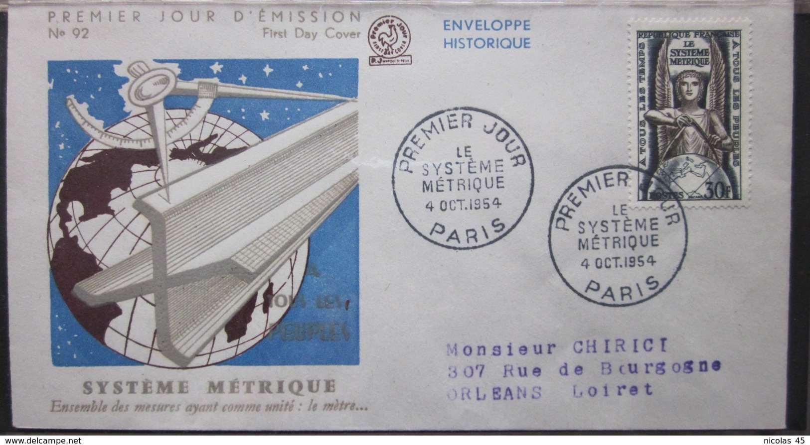 Enveloppe FDC 92 - 1954 - Système Métrique - Storia Postale