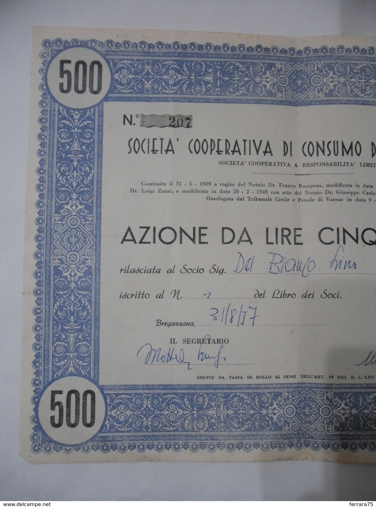 SOCIETà COOPERATIVA DI CONSUMO DI BREGAZZANA VARESE AZIONE DA LIRE 500. - Altri & Non Classificati