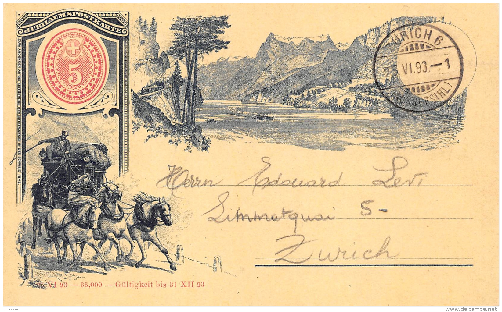 SUISSE   JUBILANDPOSTKARTE  CARTE DESSINEE  DILIGENCE  PIONNIERE 1893  "PREMIER JOUR DE L'EXPOSITION" ZURICH - Premier