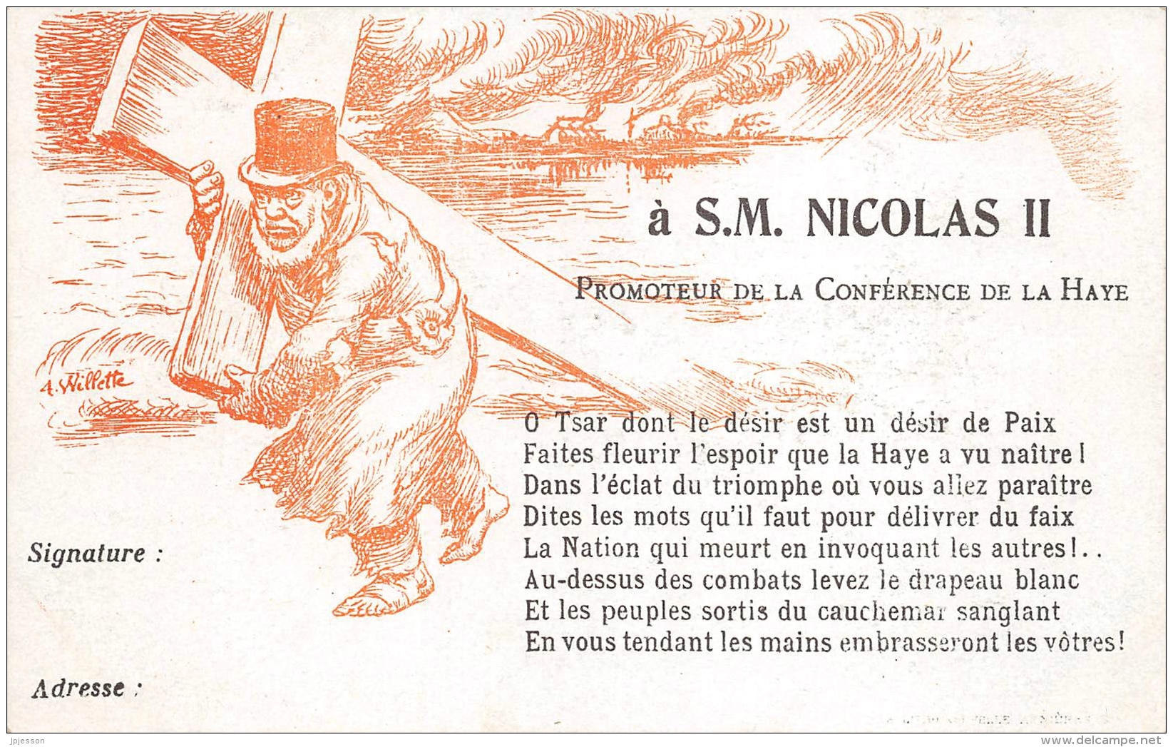 ILLUSTRATEUR  WILLETTE  CARTE PETITION A S.M. NICOLAS II, PROMOTEUR DE LA CONFERENCE DE LA HAYE  POLITIQUE  RUSSIE - Wilette