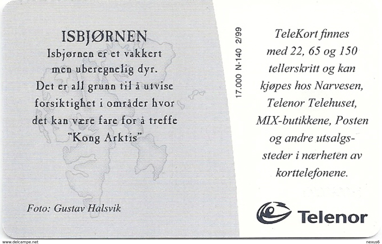 Svalbard - Telenor - Polar Bear - N-140A (Serial C92030061) - 02.1999, 17.000ex, Used - Svalbard