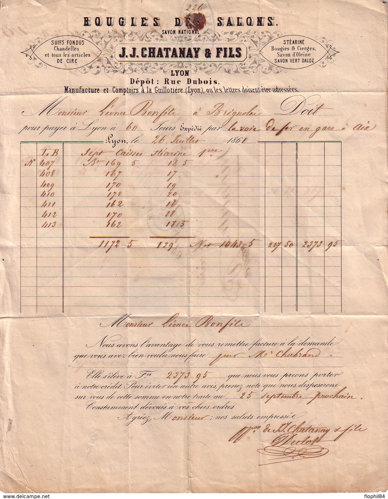 RHONE - LYON - EMPIRE N°14 DU 26-7-1861 - ENTETE JJ CHATENAY & FILS BOUGIES DES SALONS RUE DUBOIS . - 1849-1876: Periodo Clásico