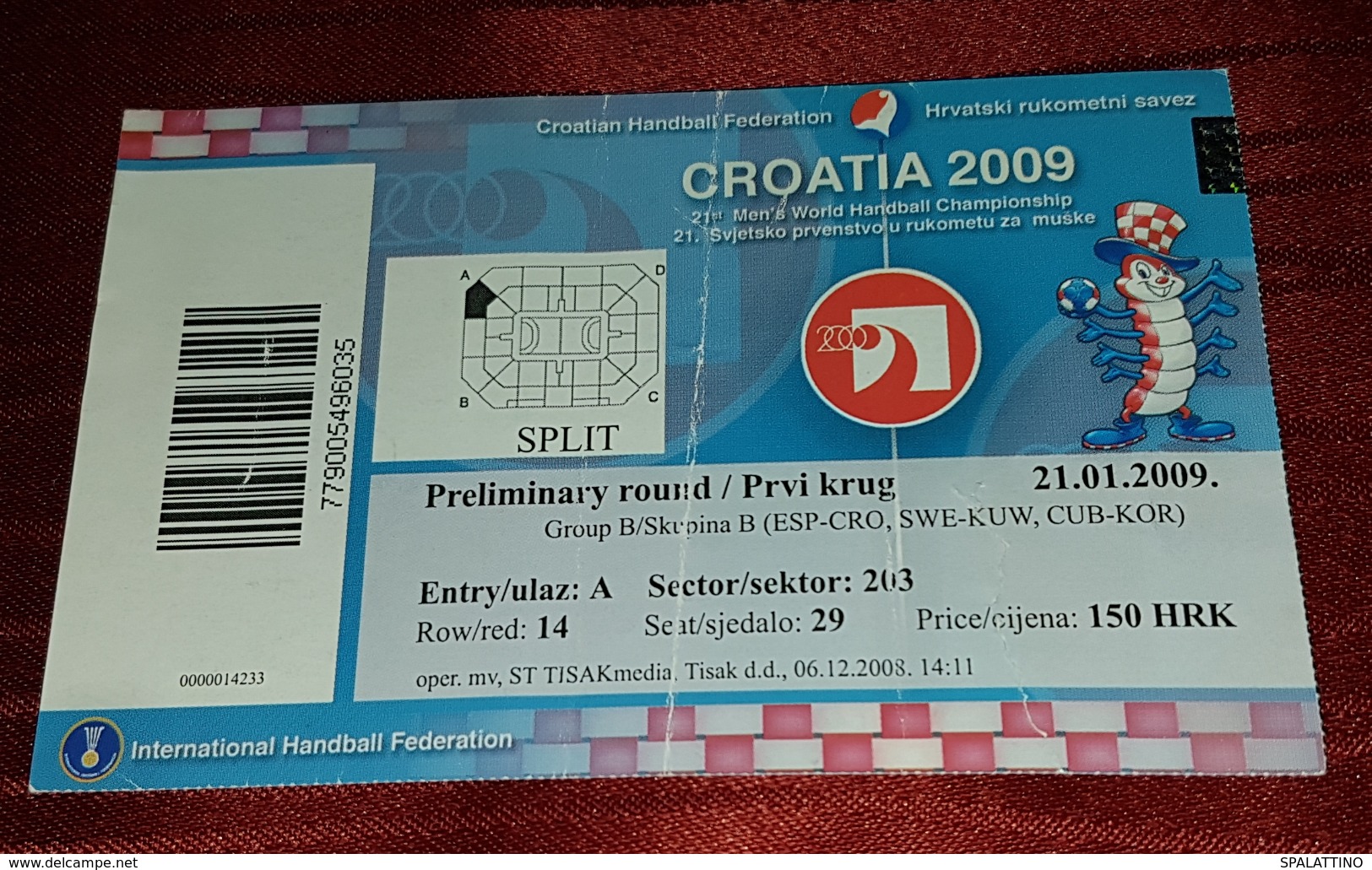 MEN'S WORLD HANDBALL CHAMPIONSHIP 2009. SPLIT CROATIA, PRELIMINARY ROUND - Match Tickets