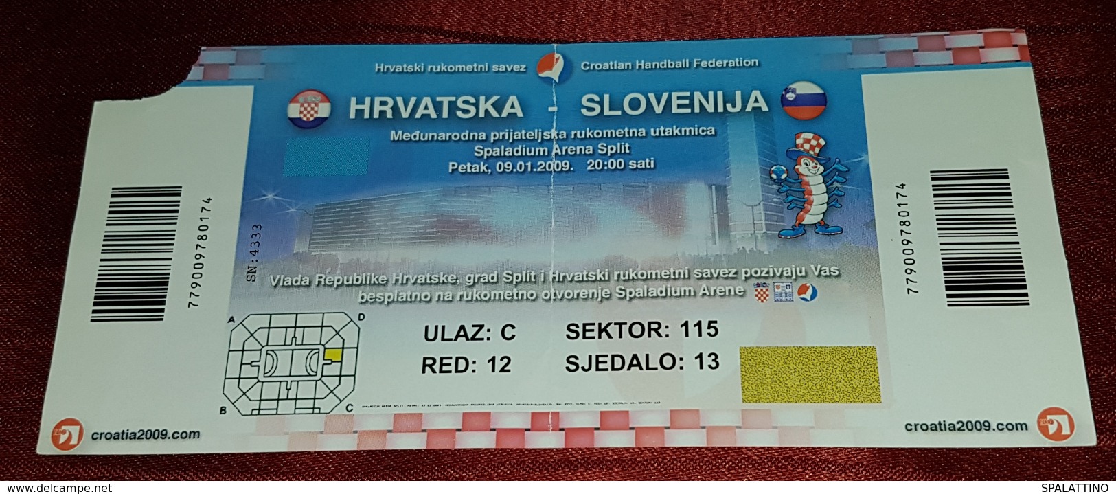 MEN'S WORLD HANDBALL CHAMPIONSHIP 2009. SPLIT CROATIA, MATCH TICKET CROATIA Vs SLOVENIA - Match Tickets