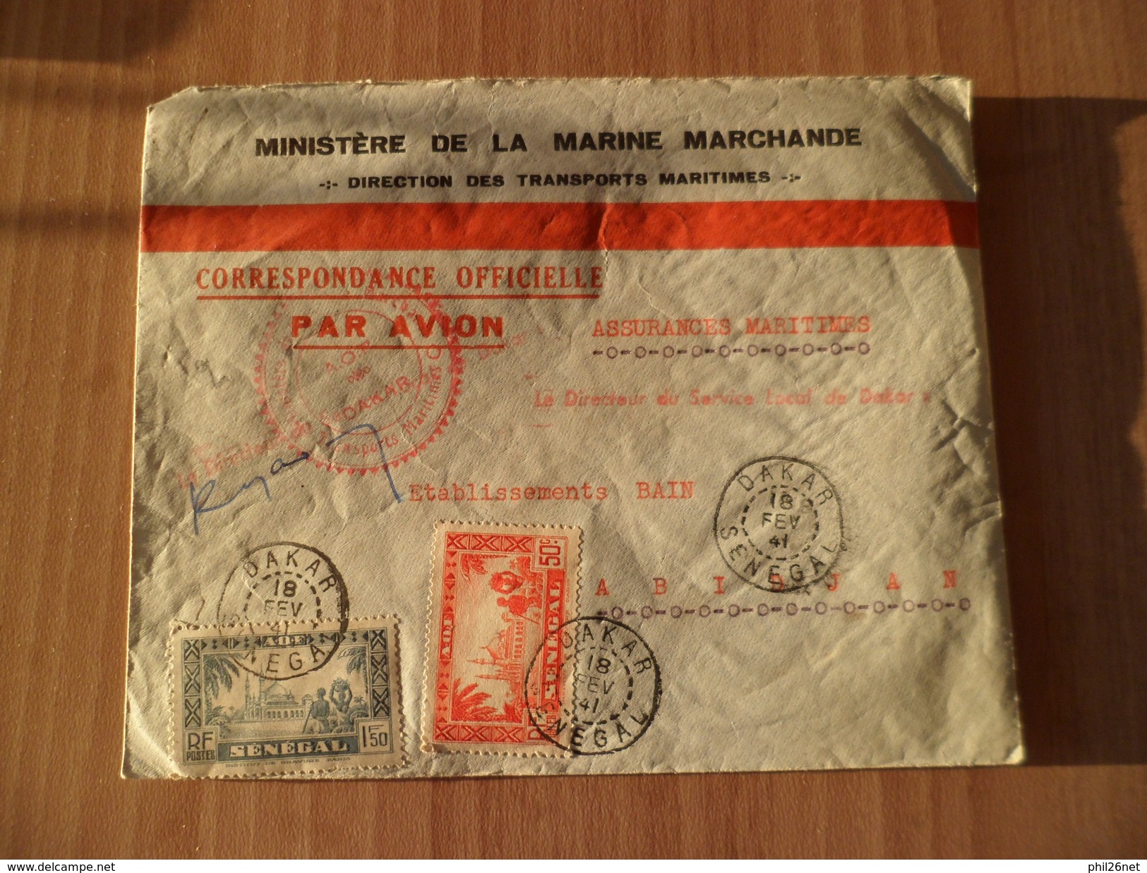 Lettre Par Avion Ministère De La Marine Marchande Dakar Le 18 Févrie 1941 à Abidjan N° 125 Et 131 Signée + Cachets  B/TB - Lettres & Documents