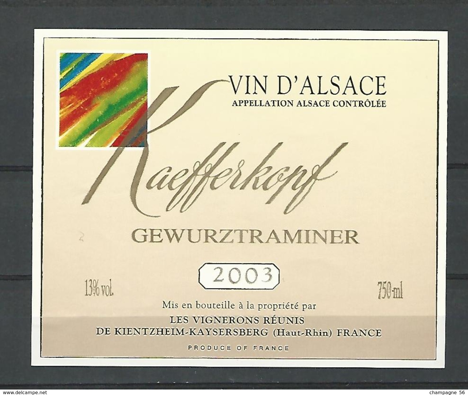 2003  ALSACE VIN  KAEFFERKOPF GEWURZTRAMINER CAVE KIENTZHEIM - KAYSERSBERG   NEUF QUALITÉ - Gewurztraminer