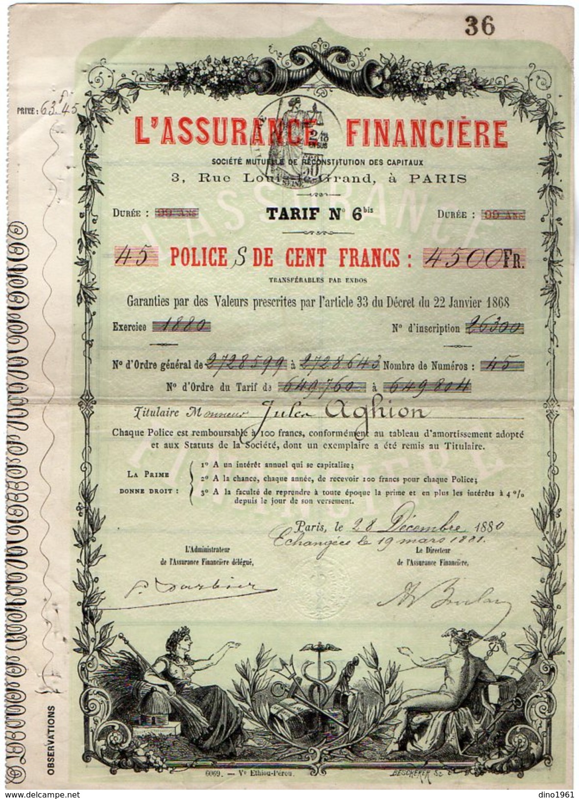 VP9734 - PARIS 1880 - Titre - Police - L'Assurance Financière - Banca & Assicurazione