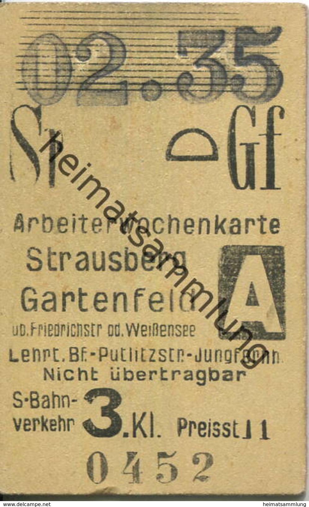 Deutschland - Arbeiterwochenkarte - Strausberg - Gartenfeld - S-Bahnverkehr 3. Kl. - Fahrkarte 1935 - Europa