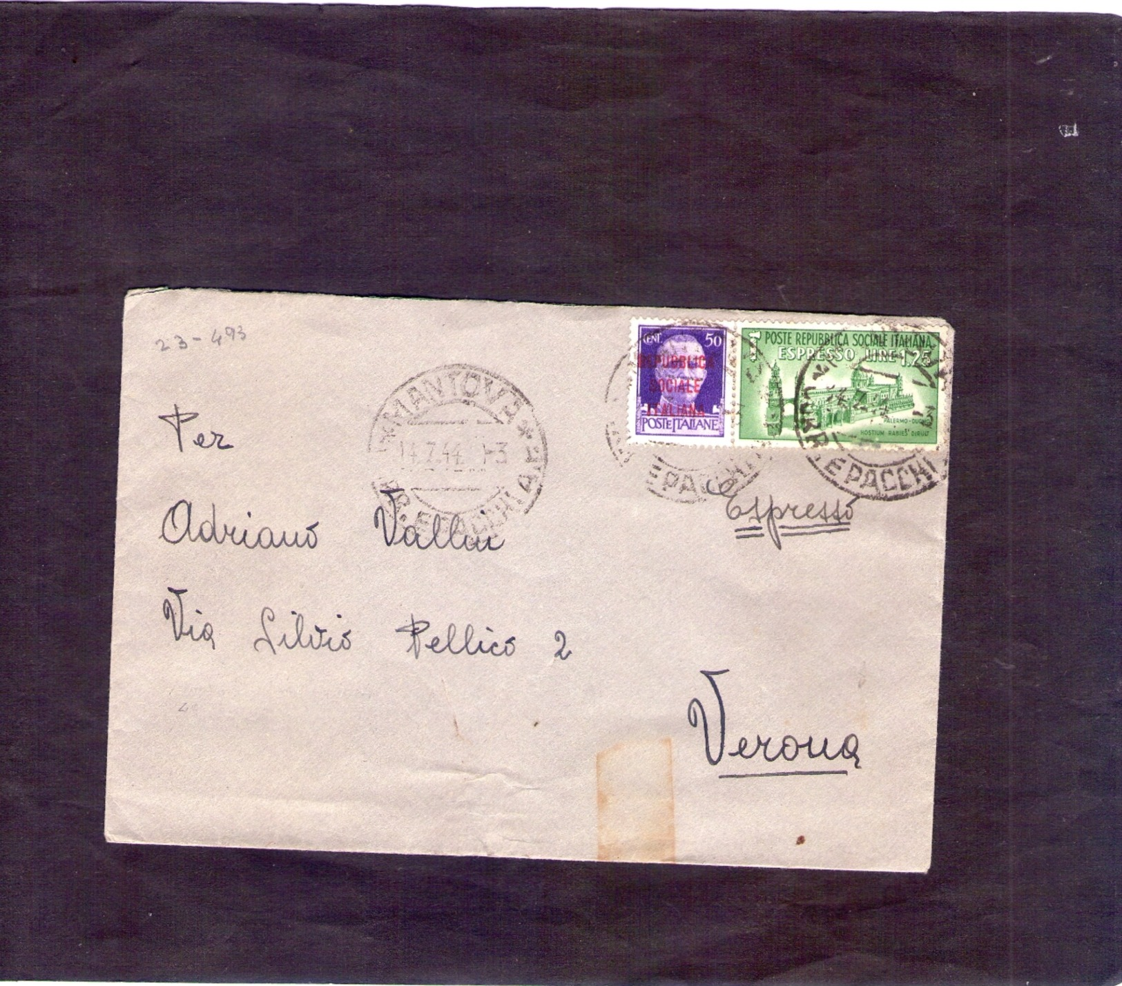 ITALIA  Storia  Postale  R. Sociale Busta   Imperiale Cent. 50  +   1,25    Mantova Del 14 - 7 - 1944  X Verona - Storia Postale