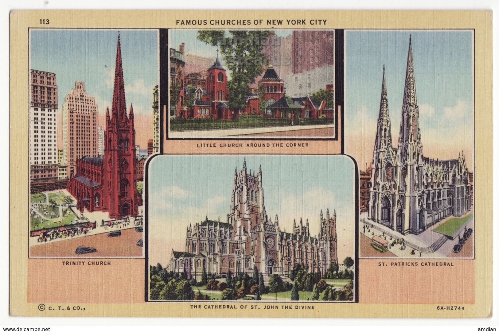 USA, FAMOUS CHURCHES OF NEW YORK CITY NY, 1930s Linen Unused Curt Teich Vintage Postcard - Kirchen