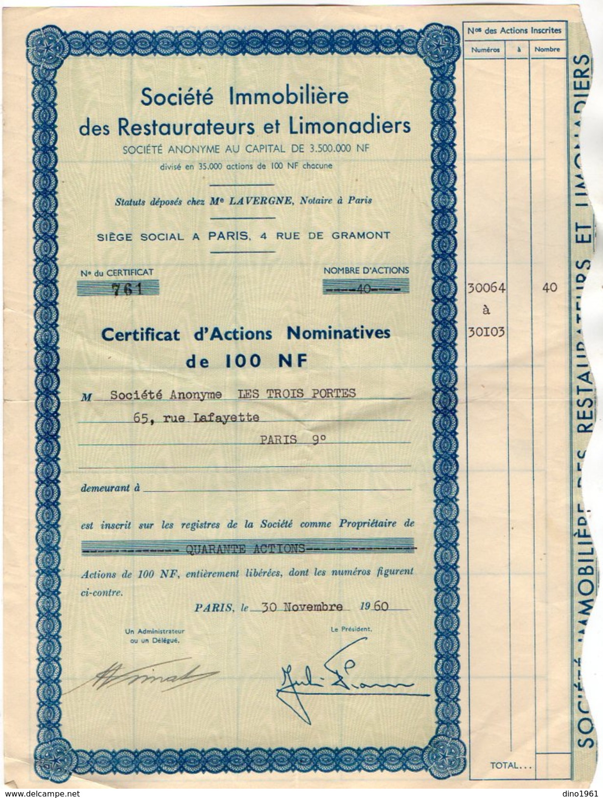 VP9740 - PARIS 1960 - Action -  Société Immobilière Des Restaurateurs & Limonadiers - Autres & Non Classés