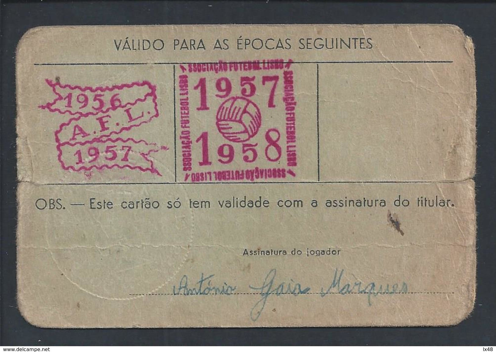 Cartão De Praticante De Futebol Da Associação De Futebol De Lisboa De 1957. Sport Grupo Sacavenense. - Deportes