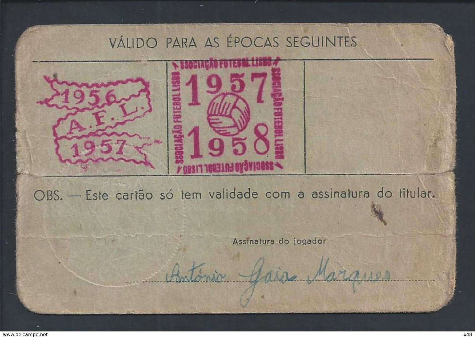 Cartão De Praticante De Futebol Da Associação De Futebol De Lisboa De 1957. Sport Grupo Sacavenense. - Sports