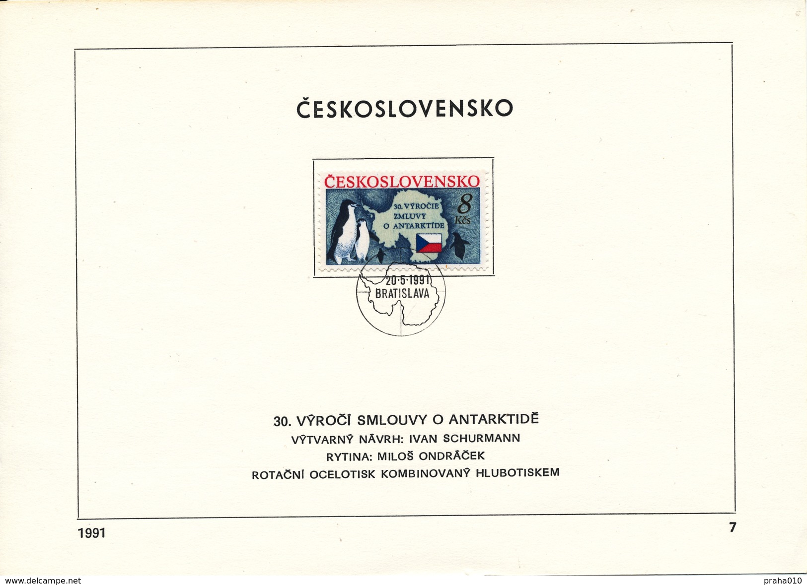 Czechoslovakia / First Day Sheet (1991/07) Bratislava: 30th Anniversary Of The Antarctic Treaty; Painter: Ivan Schurmann - Antarctisch Verdrag