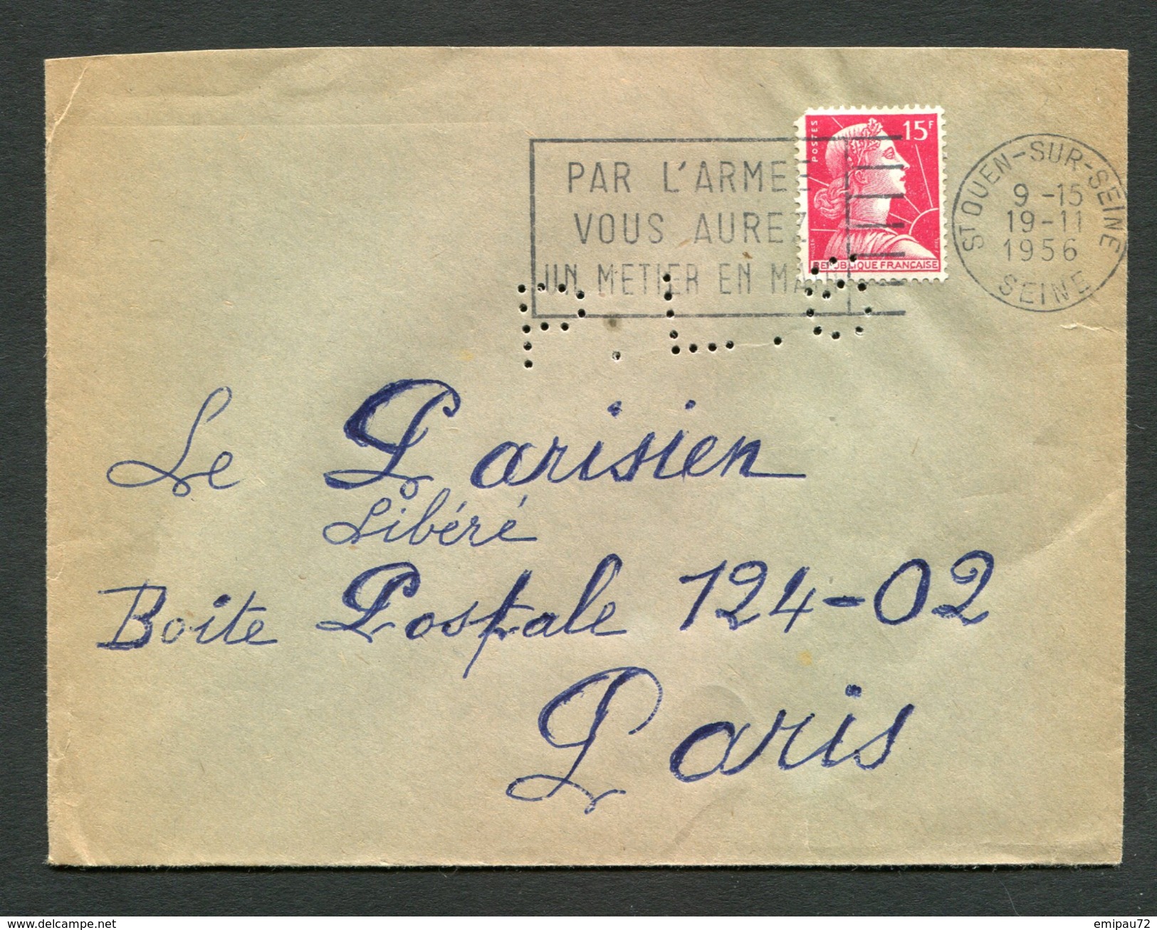 FRANCE- Enveloppe Du 19/11/1956 De SAINT OUEN SUR SEINE (seine) Avec Y&T N°1011 (lettre Perforée) - Other & Unclassified