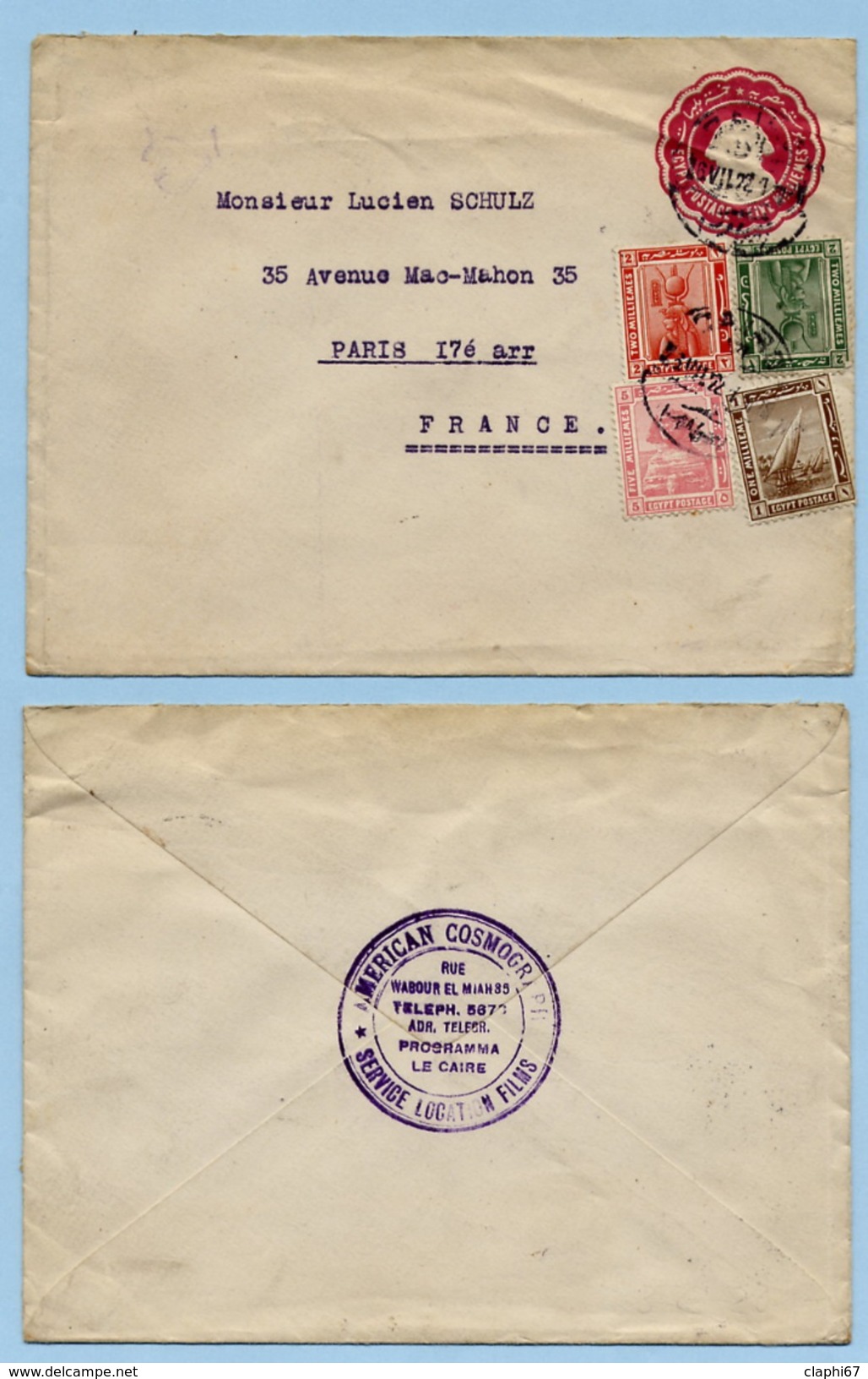 Egypte Entier Postal Sphinx Rouge + Compléments 26-07-1922 Caire -> Paris - 1915-1921 British Protectorate