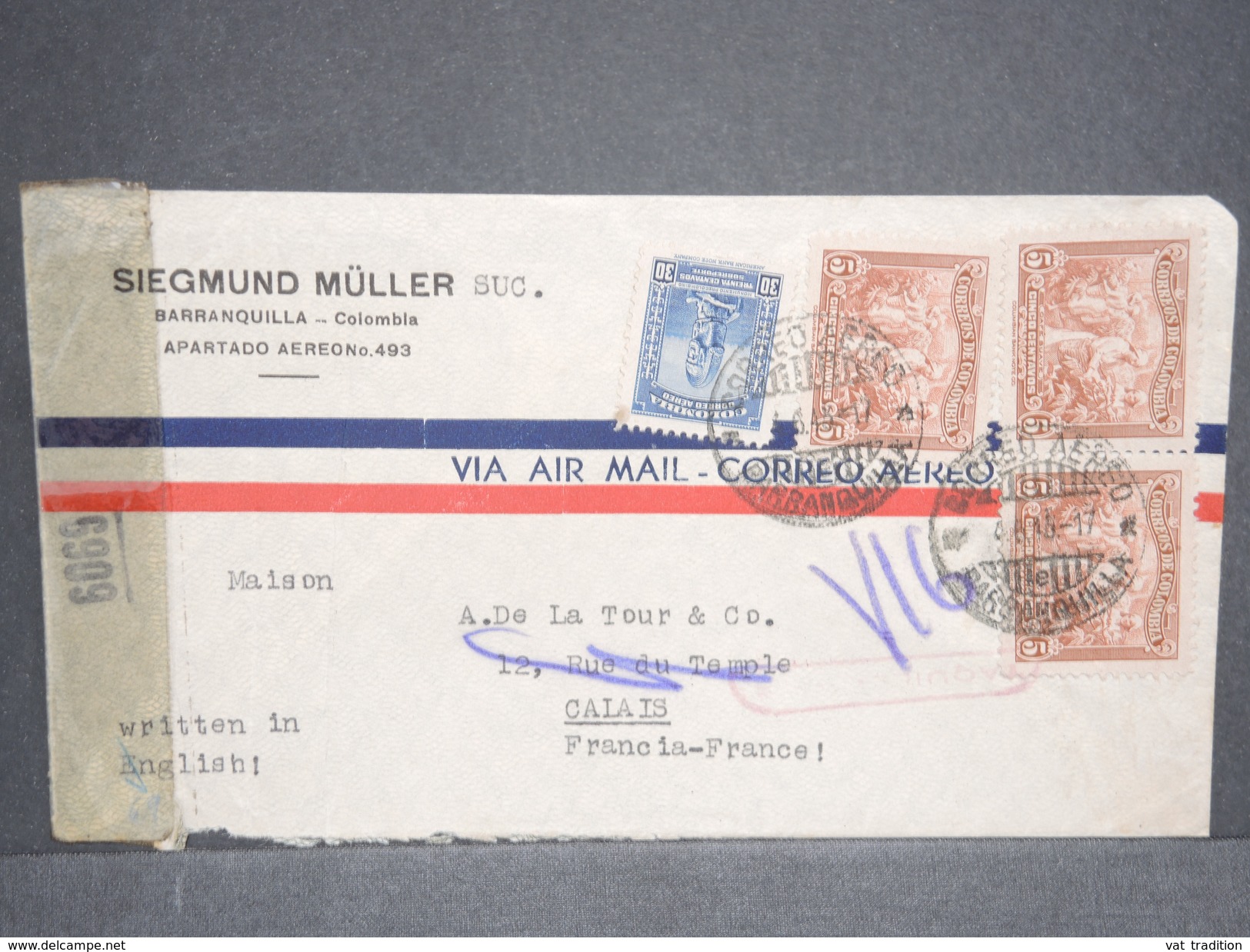 COLOMBIE - Enveloppe De Barranquilla Pour Calais En 1917 , Contrôle Postal - L 6720 - Colombia