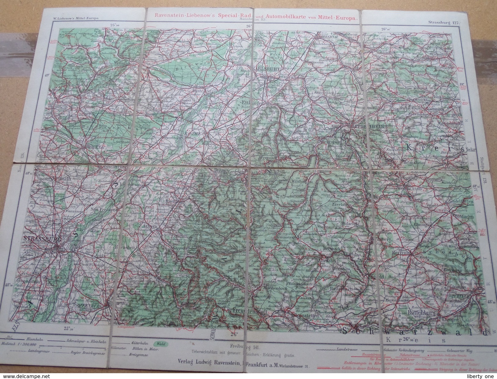 Ravenstein's Radfahrer- U. Automobilkarte MITTEL-EUROPA Blatt 127 Masstab 1:300000 ( Kaart Op Coton / Katoen / Cotton )! - Europe