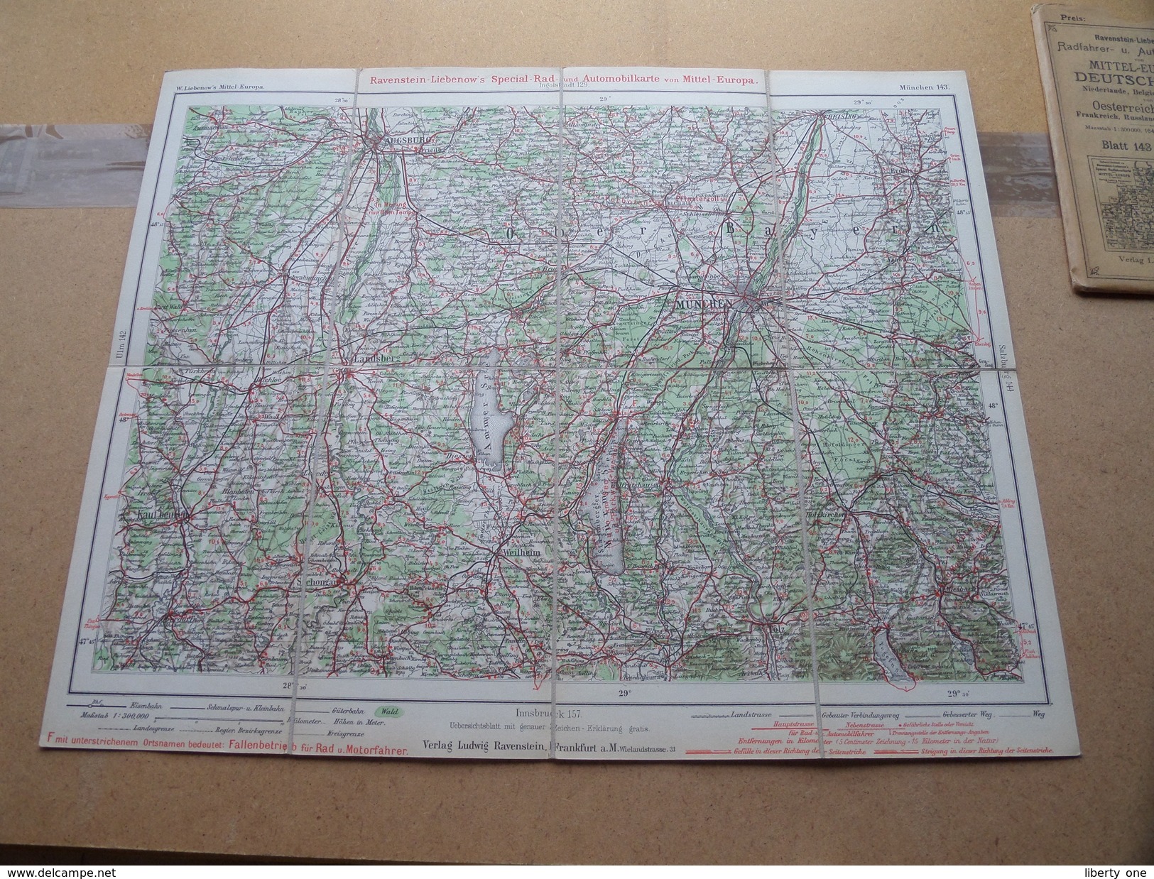 Ravenstein's Radfahrer- U. Automobilkarte MITTEL-EUROPA Blatt 143 Masstab 1:300000 ( Kaart Op Coton / Katoen / Cotton )! - Europa