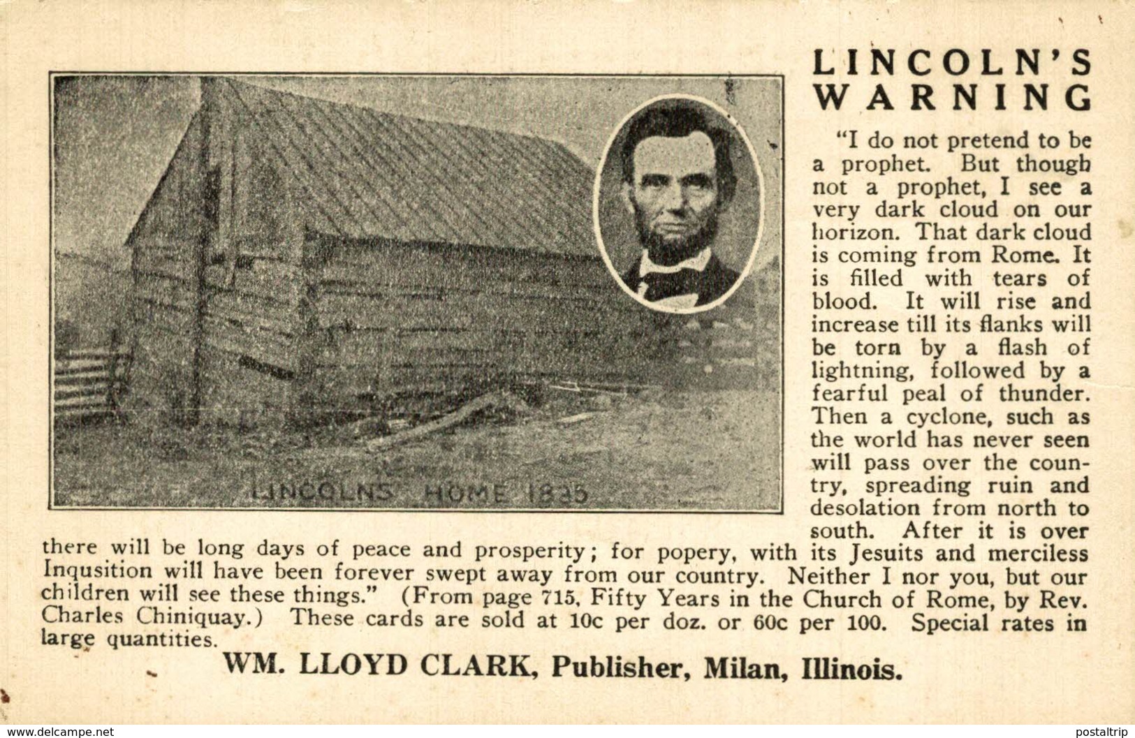 VERY RARE CARD   LINCOLN'S WARNING POSTCARD EM LOYD CLARK PUB MILAN ILLINOIS USA    .... ANTI CLERICAL  ANTI CATHOLIC - Sátiras