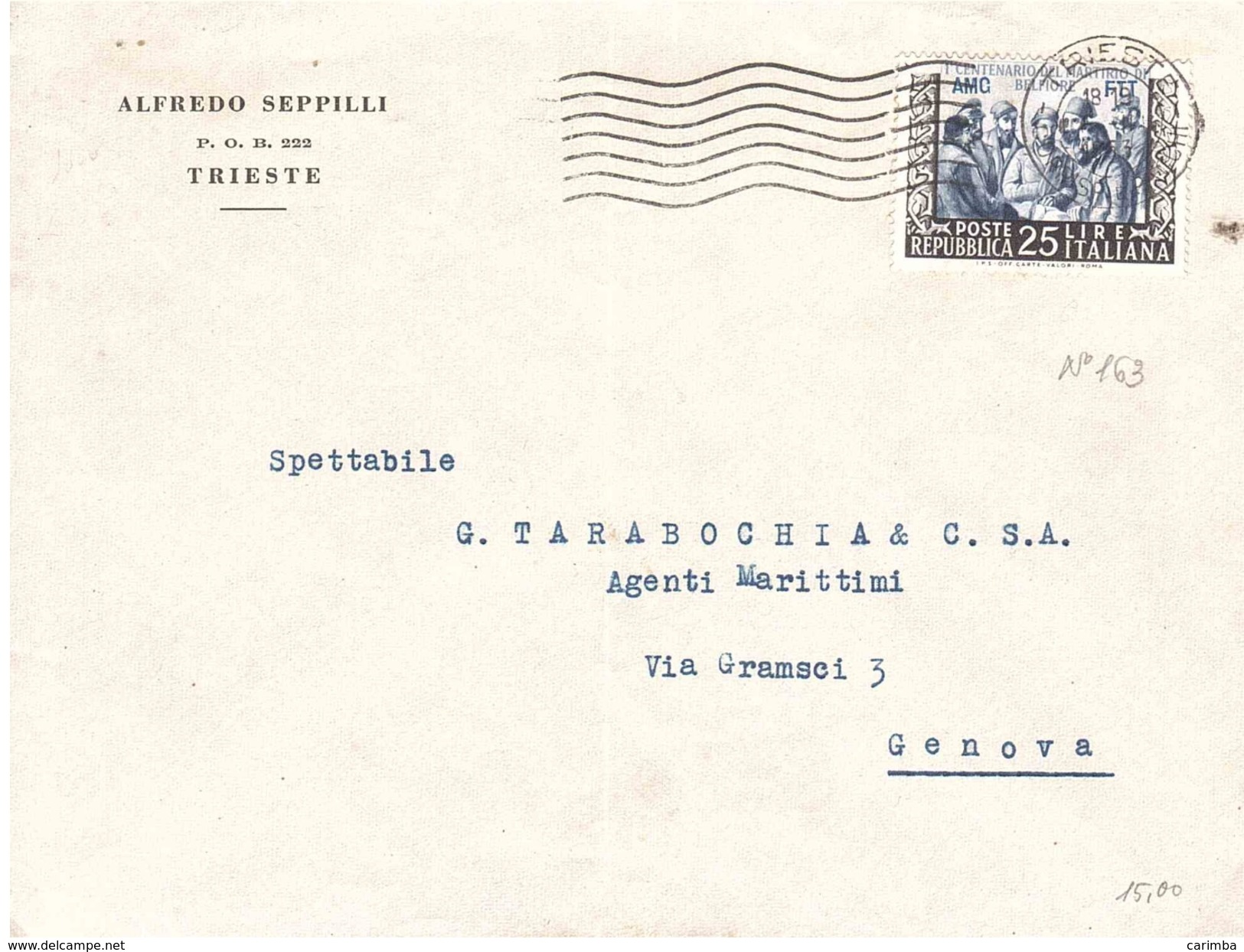 £25 MARTIRIO DI BELFIORE BUSTA ALFREDO SEPPILLI TRIESTE - Storia Postale