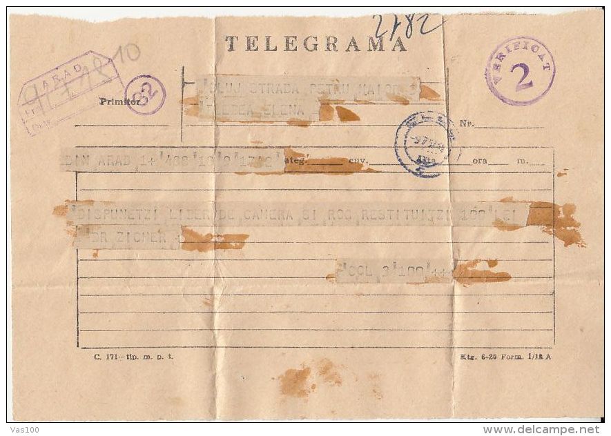 CENSORED!TELEGRAMME SENT FROM ARAD TO CLUJ NAPOCA, 1957, ROMANIA - Télégraphes