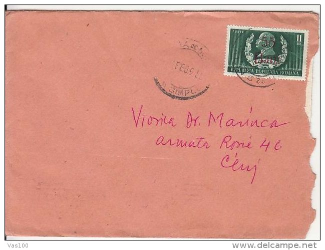 IL CARAGIALE, WRITER, 55 BANI OVERPRINT, STAMPS ON COVER, 1952, ROMANIA - Covers & Documents