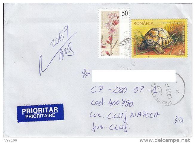 PEACH BLOSSOM, TURTLE, STAMPS ON REGISTERED COVER, 2017, ROMANIA - Lettres & Documents