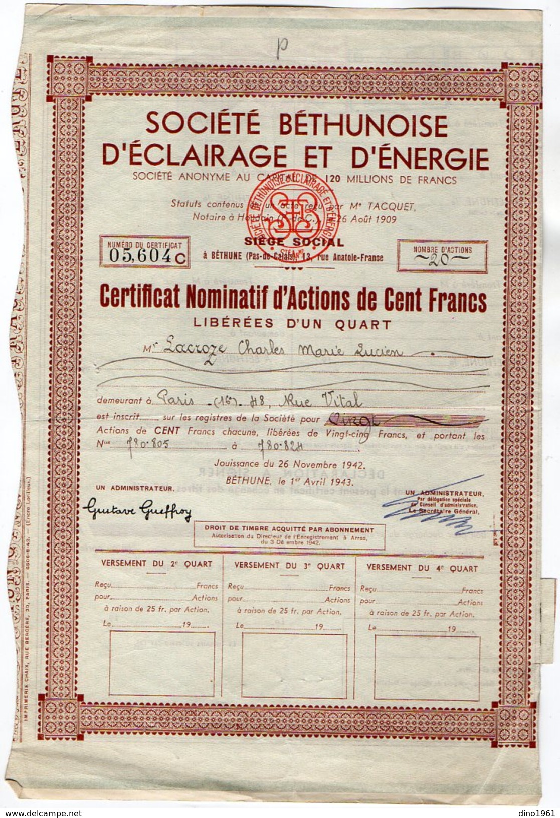 VP9743 - BETHUNE 1943 - Action - Société Béthunoise D'Eclairage Et D'Energie - Electricidad & Gas