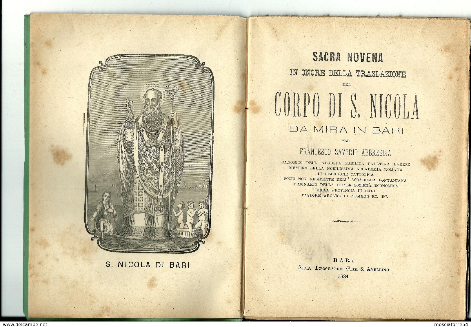 Sacra Novena In Onore Della Traslazione Corpo S. Nicola Da Mira In Bari Del Canonico Francesco Saverio Abbrescia 1884 - Livres Anciens