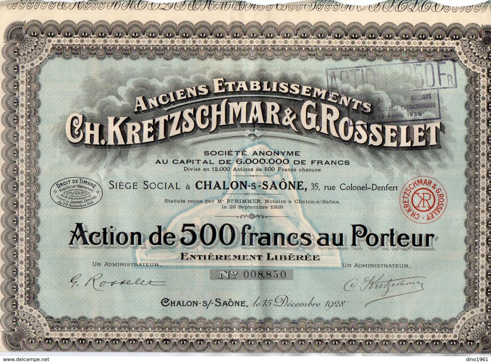 VP9746 - CHALON SUR SAONE 1928 - Action - Anciens Etablissements CH.KRETZSCHMAR & G.ROSSELET - Industrie