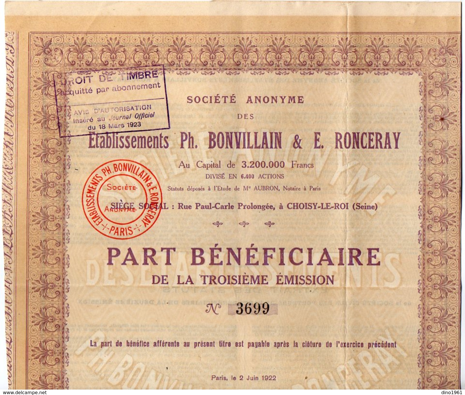 VP9747 - CHOISY LE ROI X PARIS 1922 - Action - Société Des Etablissements PH.BONVILLAIN & E.RONCERAY - Industry